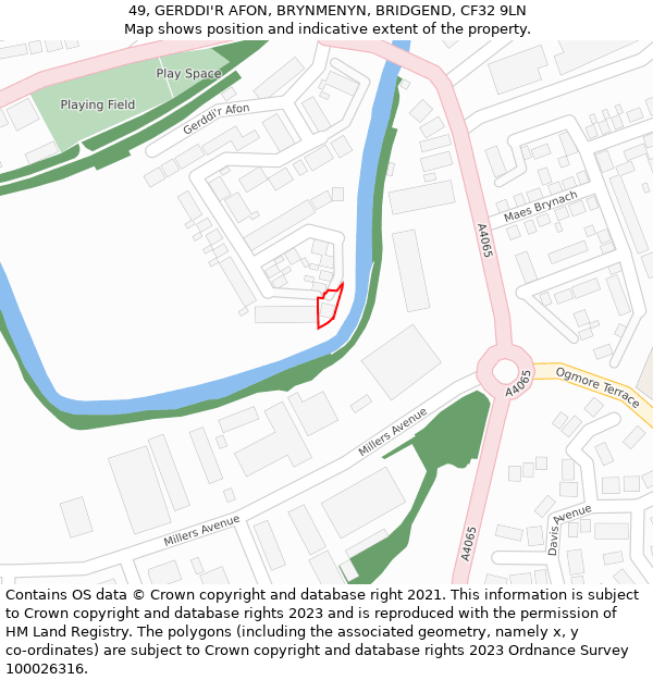 49, GERDDI'R AFON, BRYNMENYN, BRIDGEND, CF32 9LN: Location map and indicative extent of plot