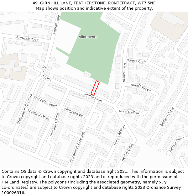49, GIRNHILL LANE, FEATHERSTONE, PONTEFRACT, WF7 5NF: Location map and indicative extent of plot