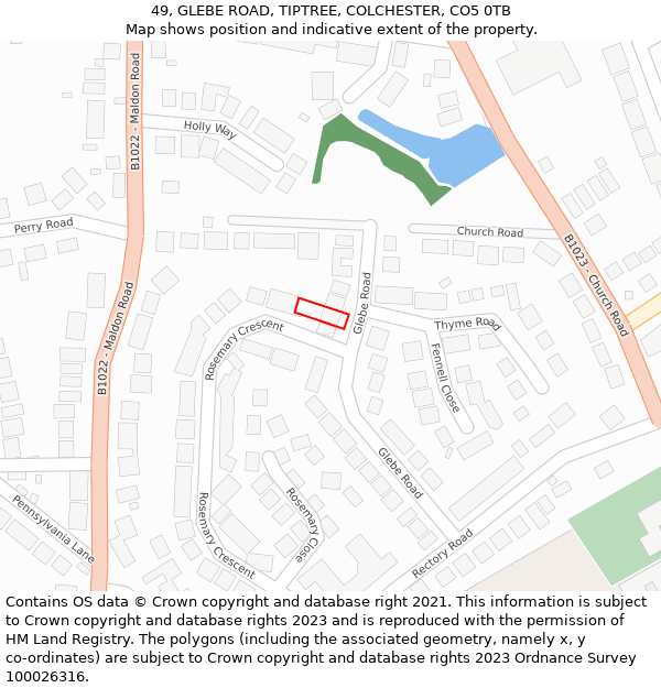 49, GLEBE ROAD, TIPTREE, COLCHESTER, CO5 0TB: Location map and indicative extent of plot