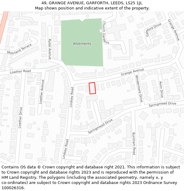 49, GRANGE AVENUE, GARFORTH, LEEDS, LS25 1JL: Location map and indicative extent of plot