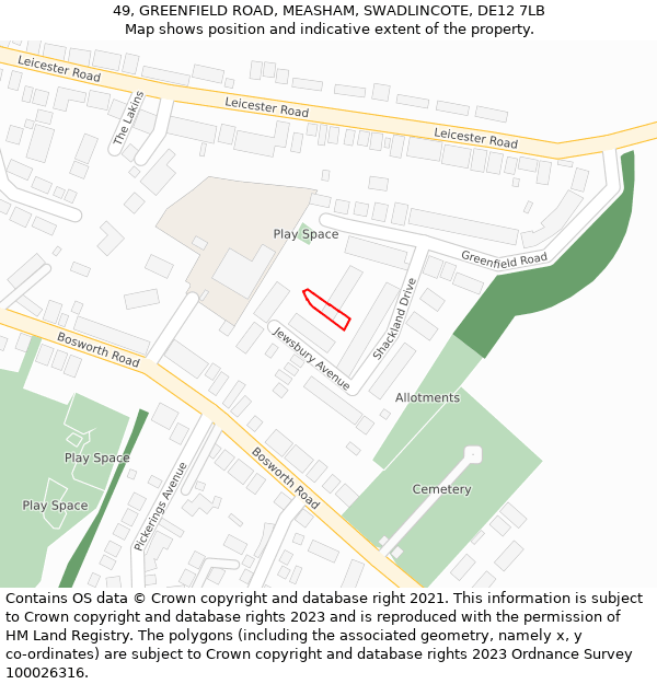 49, GREENFIELD ROAD, MEASHAM, SWADLINCOTE, DE12 7LB: Location map and indicative extent of plot