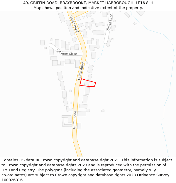 49, GRIFFIN ROAD, BRAYBROOKE, MARKET HARBOROUGH, LE16 8LH: Location map and indicative extent of plot
