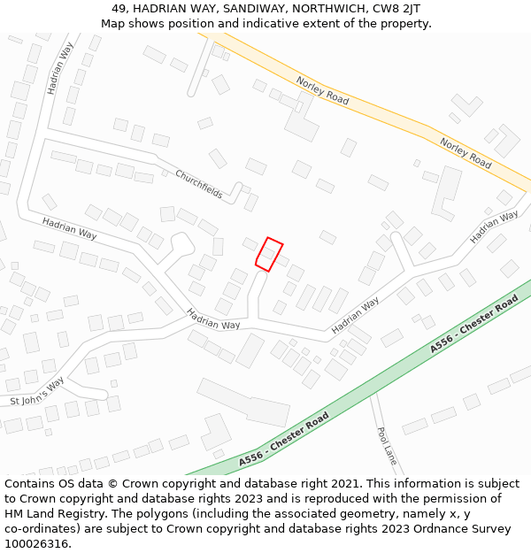 49, HADRIAN WAY, SANDIWAY, NORTHWICH, CW8 2JT: Location map and indicative extent of plot