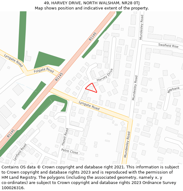 49, HARVEY DRIVE, NORTH WALSHAM, NR28 0TJ: Location map and indicative extent of plot