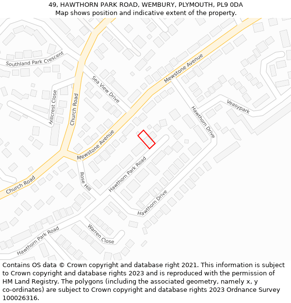 49, HAWTHORN PARK ROAD, WEMBURY, PLYMOUTH, PL9 0DA: Location map and indicative extent of plot