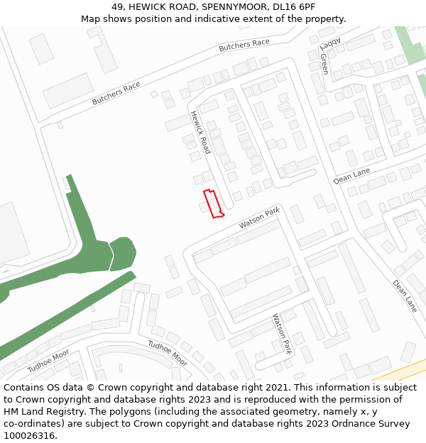 49, HEWICK ROAD, SPENNYMOOR, DL16 6PF: Location map and indicative extent of plot