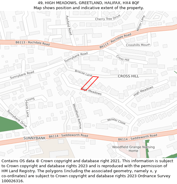 49, HIGH MEADOWS, GREETLAND, HALIFAX, HX4 8QF: Location map and indicative extent of plot