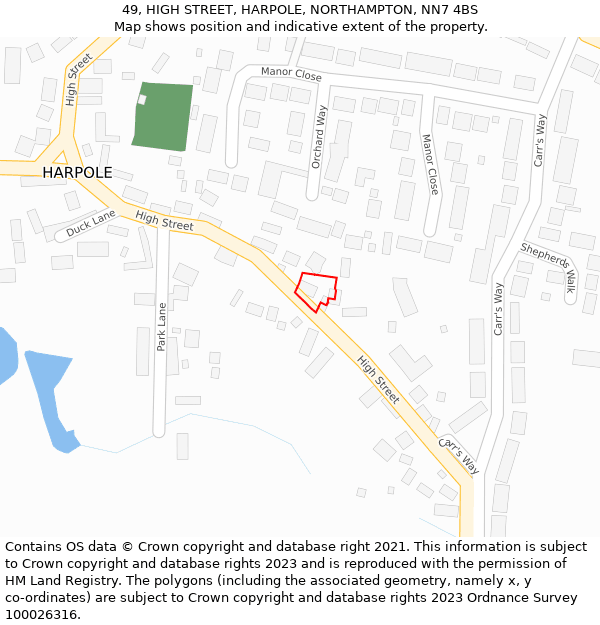 49, HIGH STREET, HARPOLE, NORTHAMPTON, NN7 4BS: Location map and indicative extent of plot
