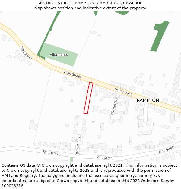 49, HIGH STREET, RAMPTON, CAMBRIDGE, CB24 8QE: Location map and indicative extent of plot