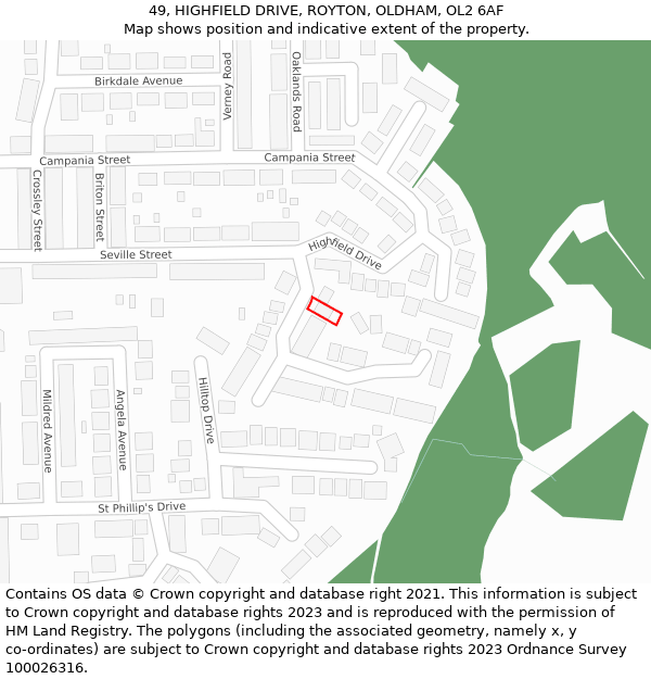 49, HIGHFIELD DRIVE, ROYTON, OLDHAM, OL2 6AF: Location map and indicative extent of plot