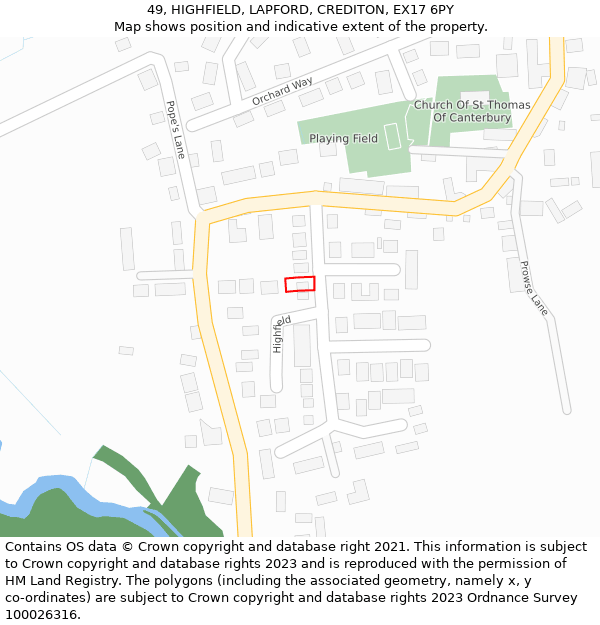 49, HIGHFIELD, LAPFORD, CREDITON, EX17 6PY: Location map and indicative extent of plot