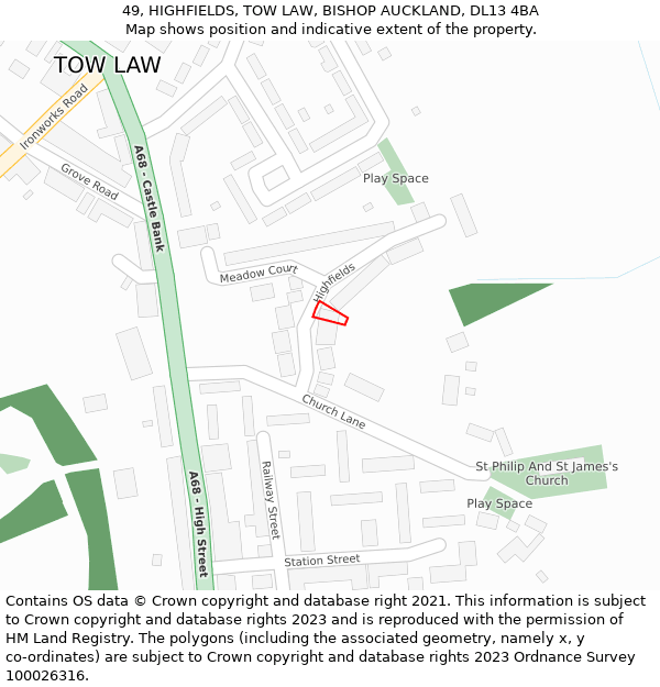 49, HIGHFIELDS, TOW LAW, BISHOP AUCKLAND, DL13 4BA: Location map and indicative extent of plot