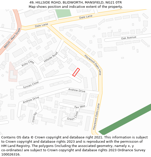 49, HILLSIDE ROAD, BLIDWORTH, MANSFIELD, NG21 0TR: Location map and indicative extent of plot