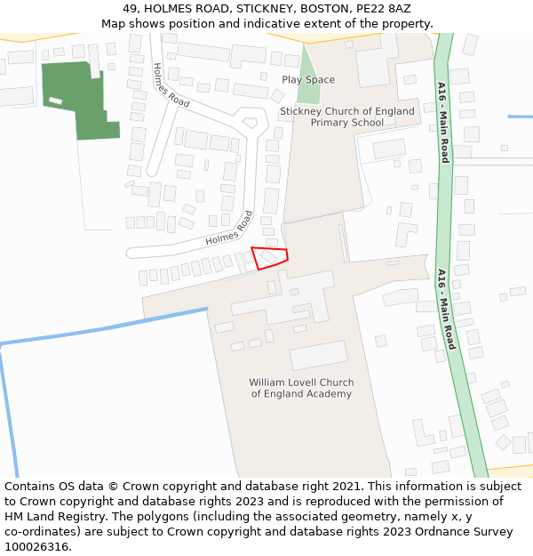 49, HOLMES ROAD, STICKNEY, BOSTON, PE22 8AZ: Location map and indicative extent of plot