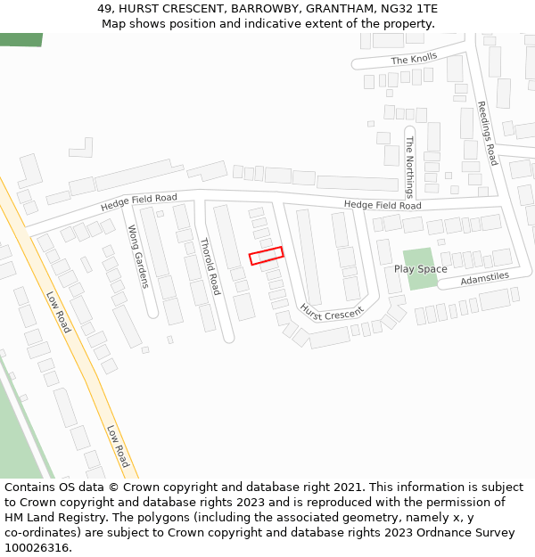 49, HURST CRESCENT, BARROWBY, GRANTHAM, NG32 1TE: Location map and indicative extent of plot