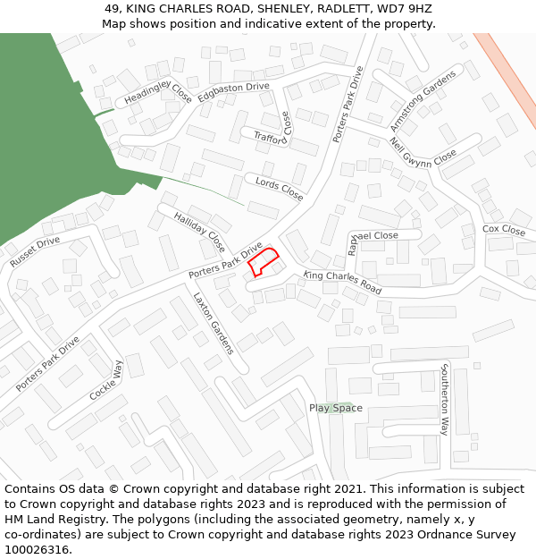 49, KING CHARLES ROAD, SHENLEY, RADLETT, WD7 9HZ: Location map and indicative extent of plot