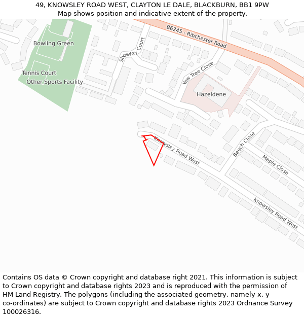 49, KNOWSLEY ROAD WEST, CLAYTON LE DALE, BLACKBURN, BB1 9PW: Location map and indicative extent of plot