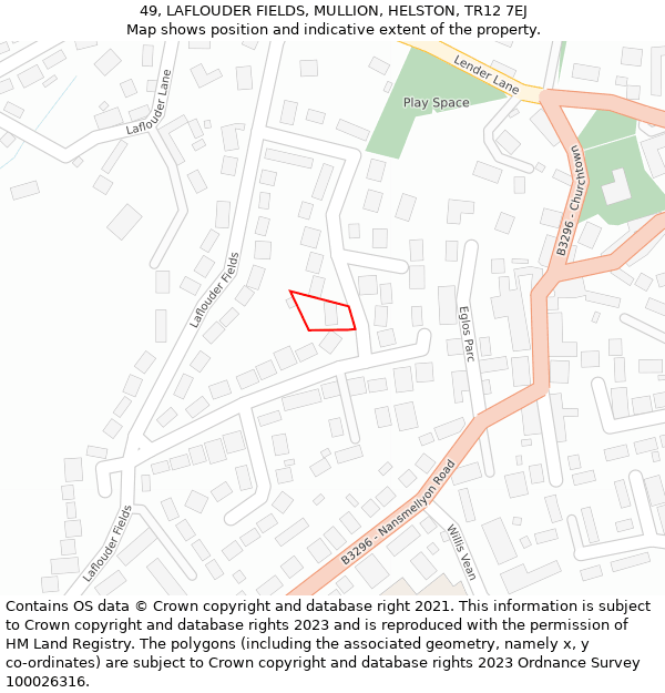 49, LAFLOUDER FIELDS, MULLION, HELSTON, TR12 7EJ: Location map and indicative extent of plot