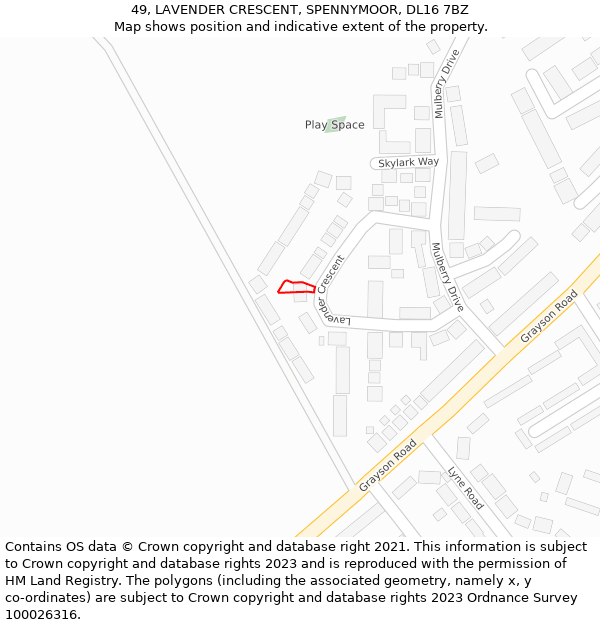 49, LAVENDER CRESCENT, SPENNYMOOR, DL16 7BZ: Location map and indicative extent of plot