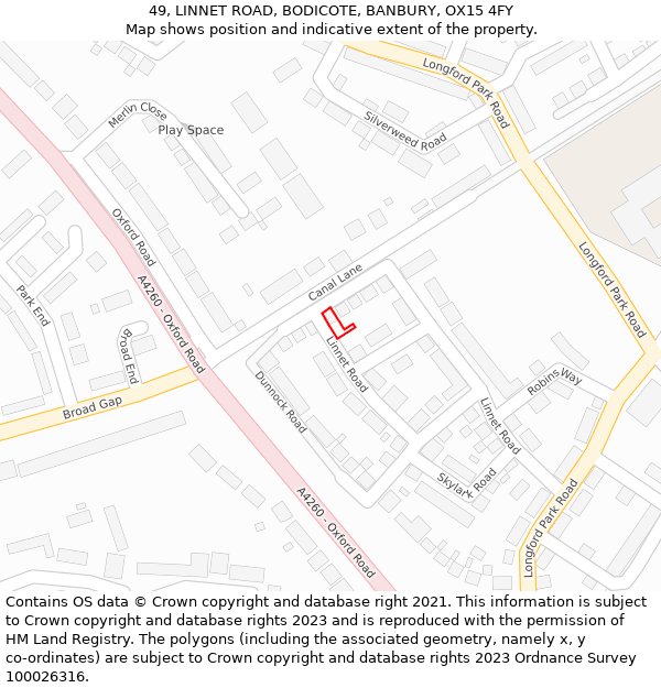49, LINNET ROAD, BODICOTE, BANBURY, OX15 4FY: Location map and indicative extent of plot