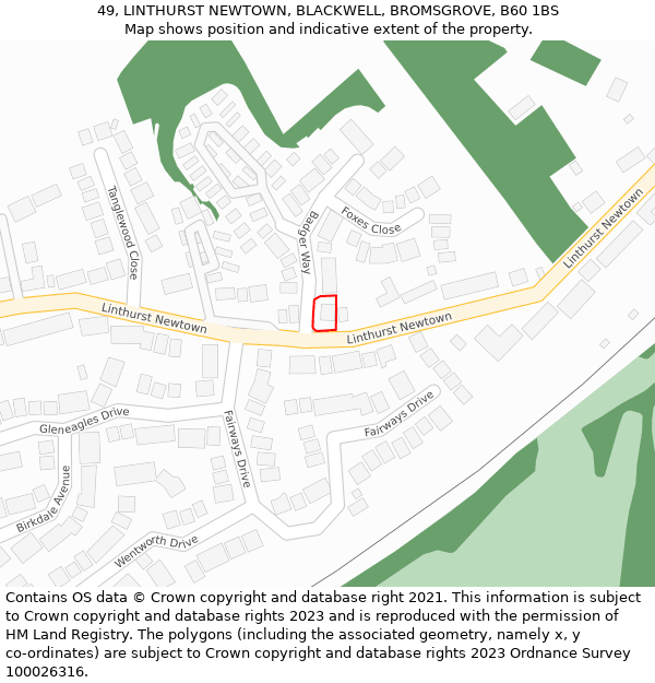 49, LINTHURST NEWTOWN, BLACKWELL, BROMSGROVE, B60 1BS: Location map and indicative extent of plot