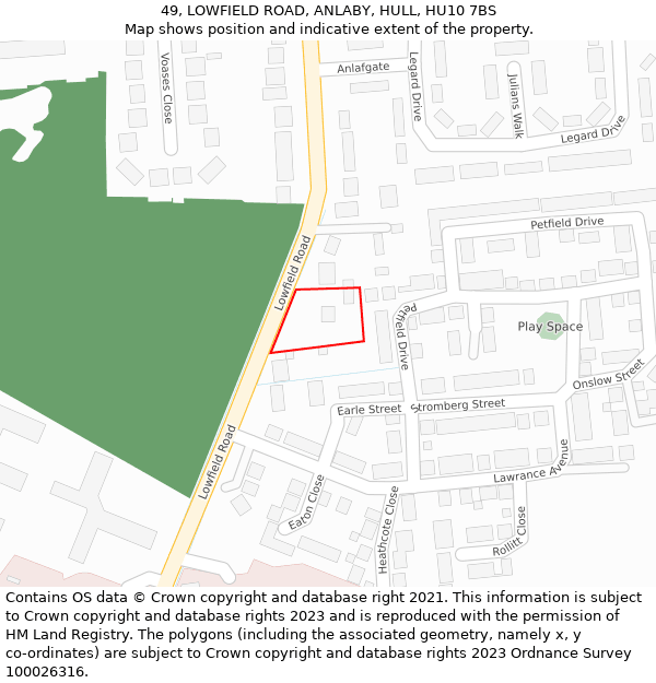 49, LOWFIELD ROAD, ANLABY, HULL, HU10 7BS: Location map and indicative extent of plot