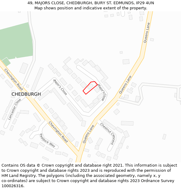 49, MAJORS CLOSE, CHEDBURGH, BURY ST. EDMUNDS, IP29 4UN: Location map and indicative extent of plot