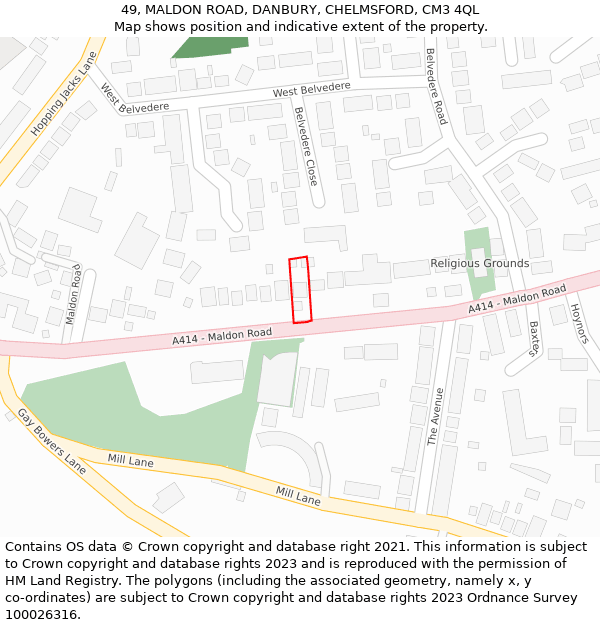 49, MALDON ROAD, DANBURY, CHELMSFORD, CM3 4QL: Location map and indicative extent of plot