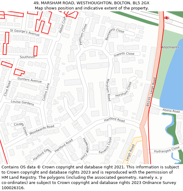 49, MARSHAM ROAD, WESTHOUGHTON, BOLTON, BL5 2GX: Location map and indicative extent of plot