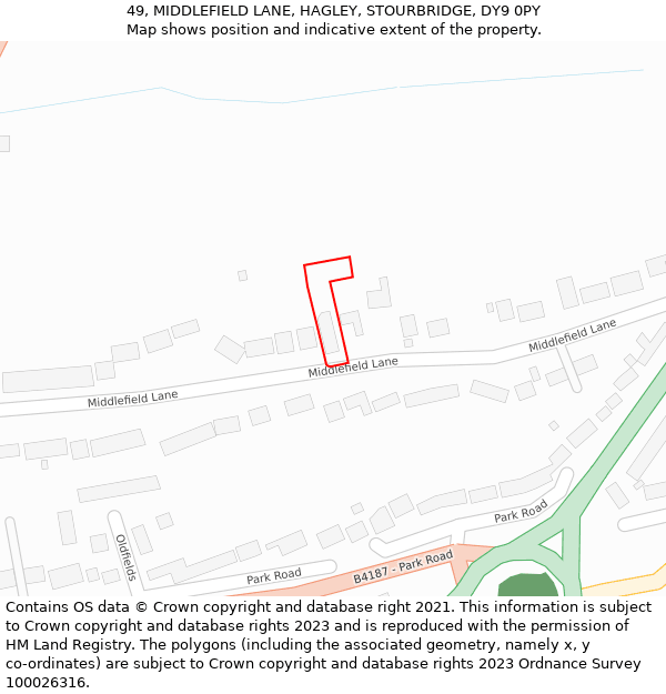 49, MIDDLEFIELD LANE, HAGLEY, STOURBRIDGE, DY9 0PY: Location map and indicative extent of plot