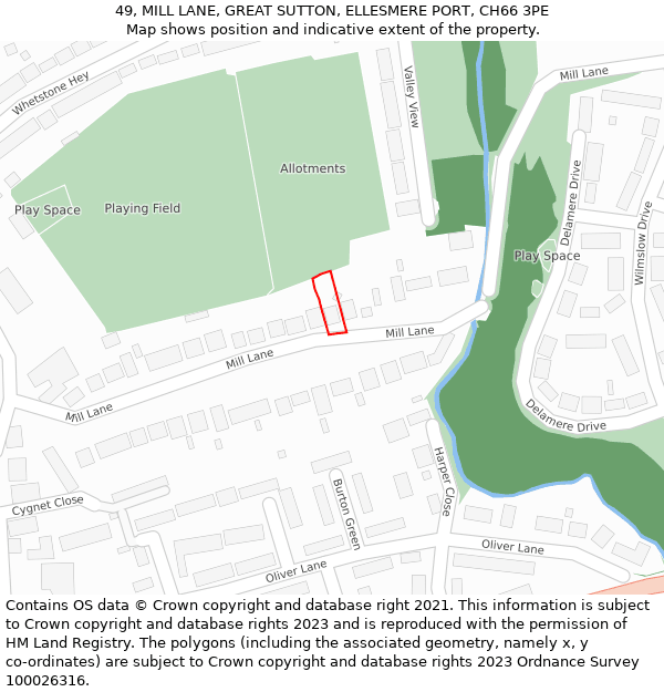 49, MILL LANE, GREAT SUTTON, ELLESMERE PORT, CH66 3PE: Location map and indicative extent of plot