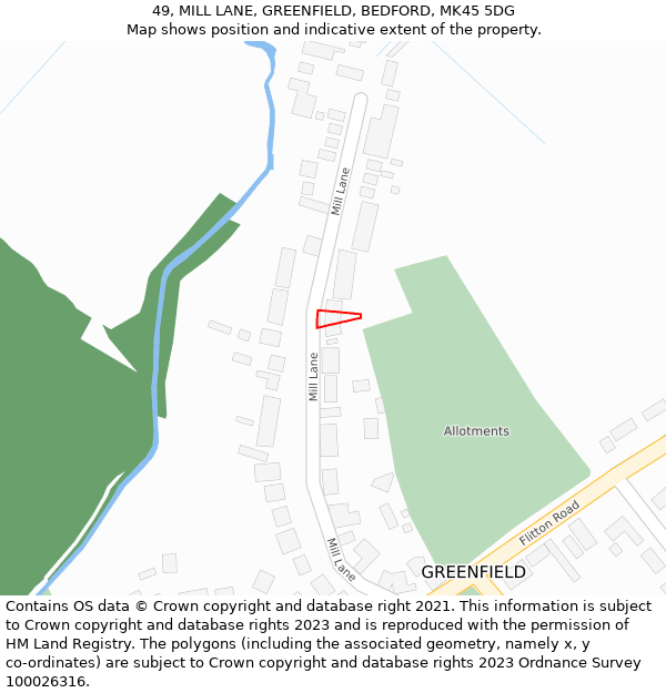 49, MILL LANE, GREENFIELD, BEDFORD, MK45 5DG: Location map and indicative extent of plot