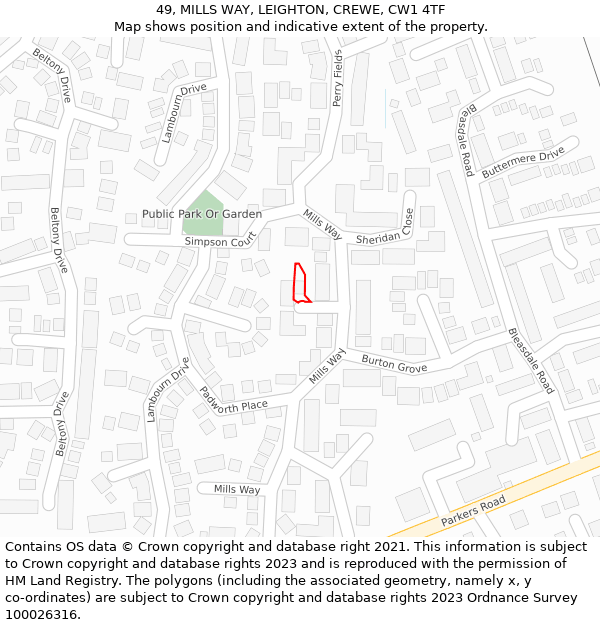 49, MILLS WAY, LEIGHTON, CREWE, CW1 4TF: Location map and indicative extent of plot