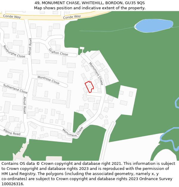 49, MONUMENT CHASE, WHITEHILL, BORDON, GU35 9QS: Location map and indicative extent of plot