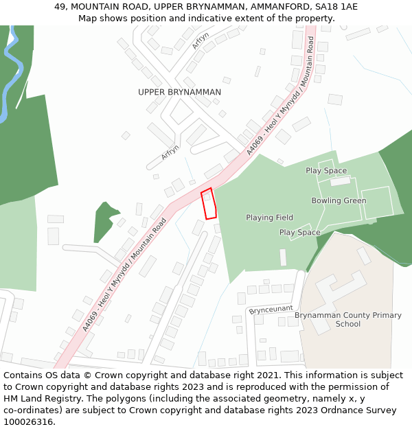 49, MOUNTAIN ROAD, UPPER BRYNAMMAN, AMMANFORD, SA18 1AE: Location map and indicative extent of plot