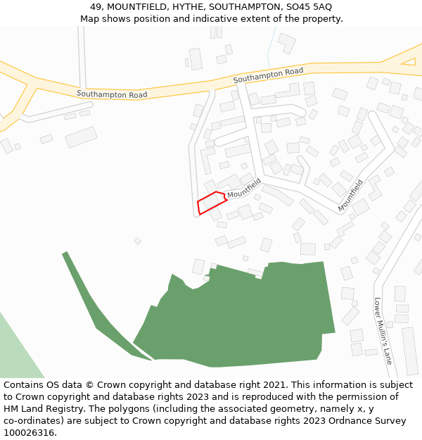 49, MOUNTFIELD, HYTHE, SOUTHAMPTON, SO45 5AQ: Location map and indicative extent of plot