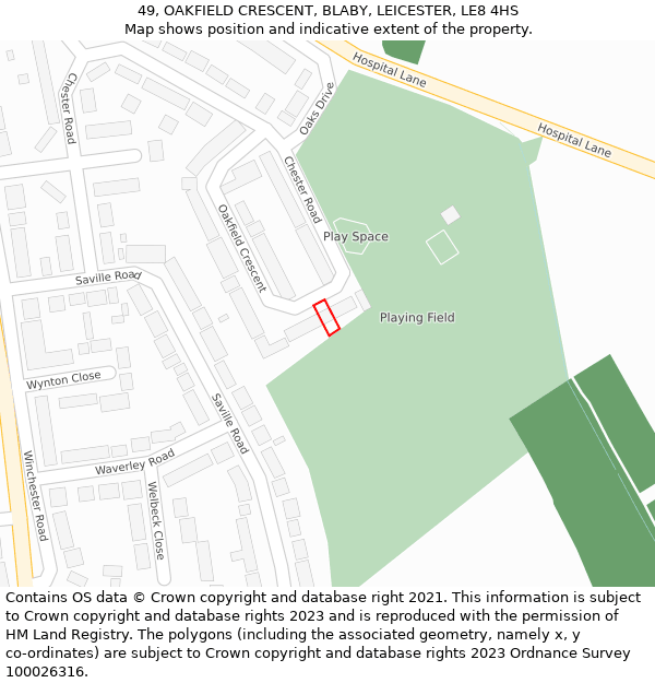 49, OAKFIELD CRESCENT, BLABY, LEICESTER, LE8 4HS: Location map and indicative extent of plot