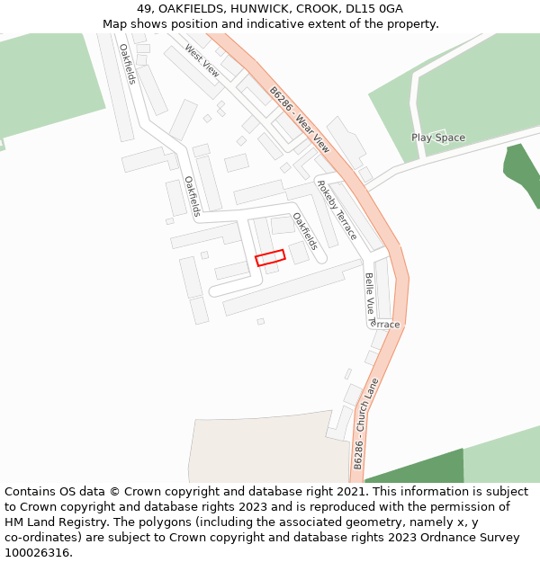 49, OAKFIELDS, HUNWICK, CROOK, DL15 0GA: Location map and indicative extent of plot