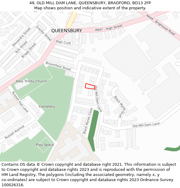 49, OLD MILL DAM LANE, QUEENSBURY, BRADFORD, BD13 2FP: Location map and indicative extent of plot