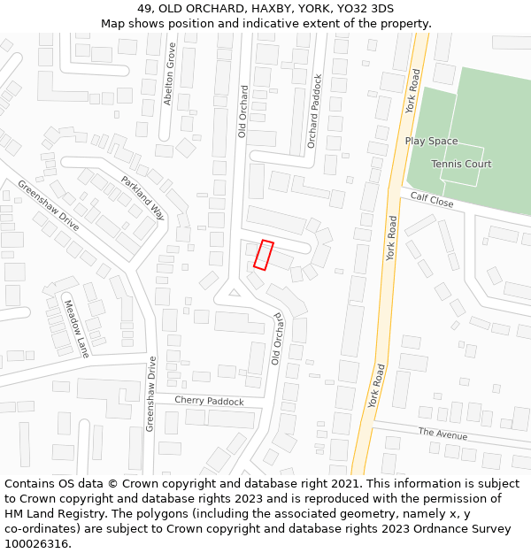 49, OLD ORCHARD, HAXBY, YORK, YO32 3DS: Location map and indicative extent of plot