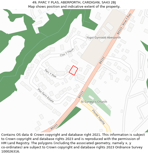 49, PARC Y PLAS, ABERPORTH, CARDIGAN, SA43 2BJ: Location map and indicative extent of plot