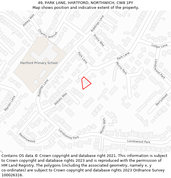 49, PARK LANE, HARTFORD, NORTHWICH, CW8 1PY: Location map and indicative extent of plot