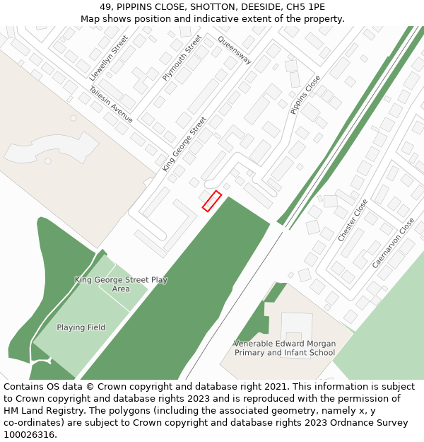 49, PIPPINS CLOSE, SHOTTON, DEESIDE, CH5 1PE: Location map and indicative extent of plot