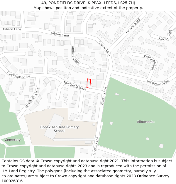 49, PONDFIELDS DRIVE, KIPPAX, LEEDS, LS25 7HJ: Location map and indicative extent of plot