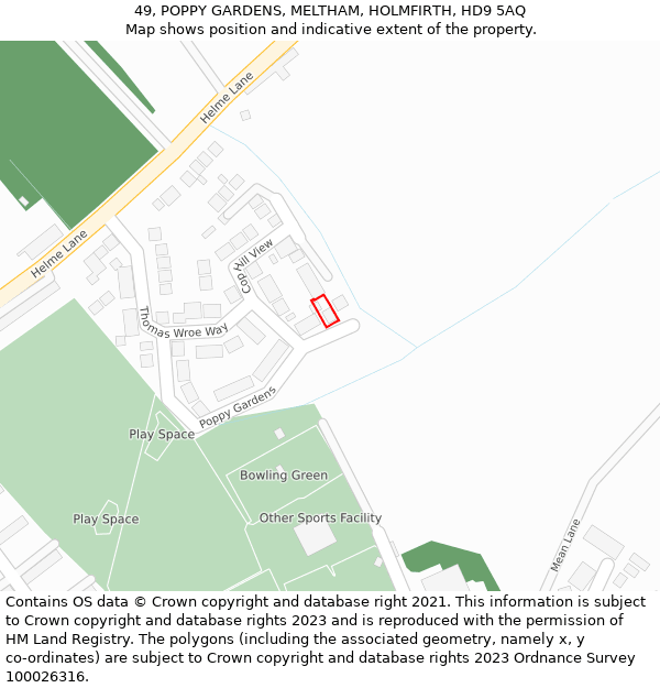 49, POPPY GARDENS, MELTHAM, HOLMFIRTH, HD9 5AQ: Location map and indicative extent of plot