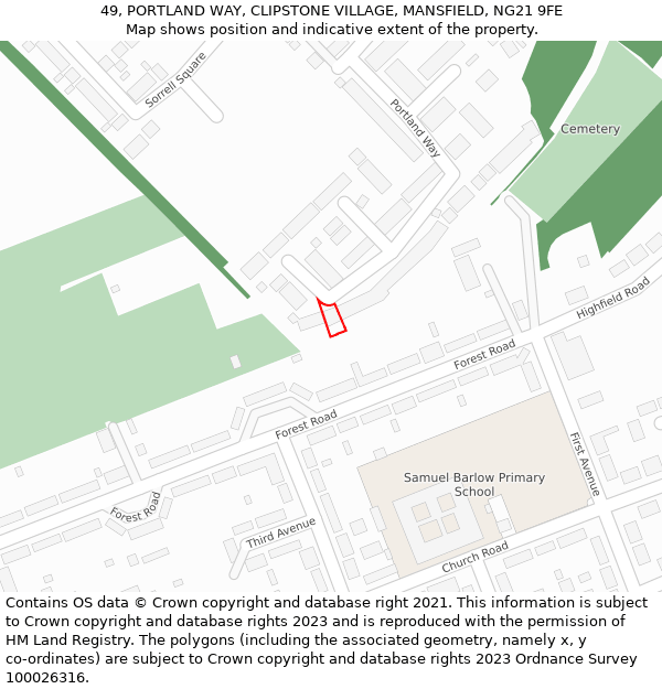 49, PORTLAND WAY, CLIPSTONE VILLAGE, MANSFIELD, NG21 9FE: Location map and indicative extent of plot