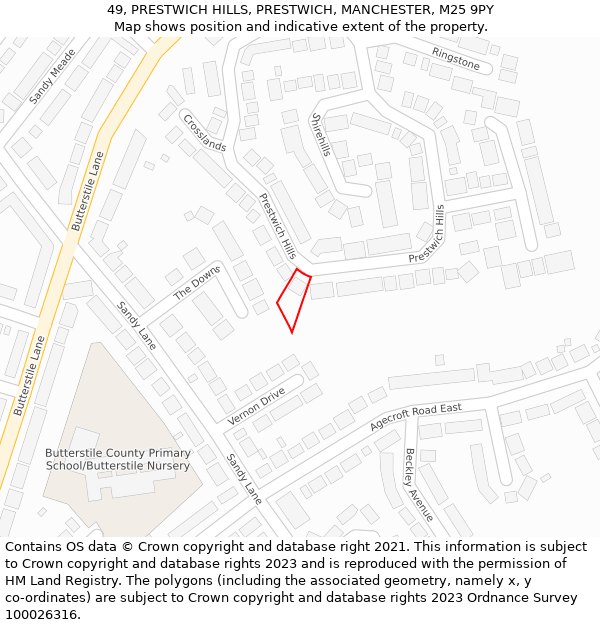 49, PRESTWICH HILLS, PRESTWICH, MANCHESTER, M25 9PY: Location map and indicative extent of plot