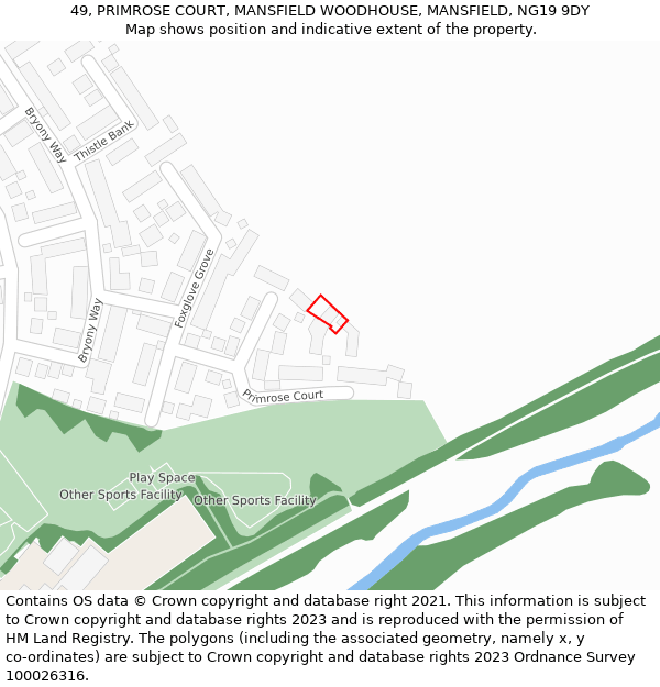 49, PRIMROSE COURT, MANSFIELD WOODHOUSE, MANSFIELD, NG19 9DY: Location map and indicative extent of plot