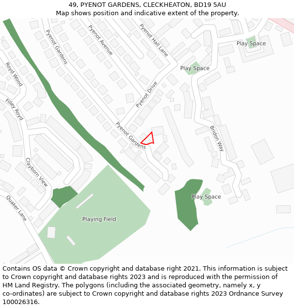 49, PYENOT GARDENS, CLECKHEATON, BD19 5AU: Location map and indicative extent of plot