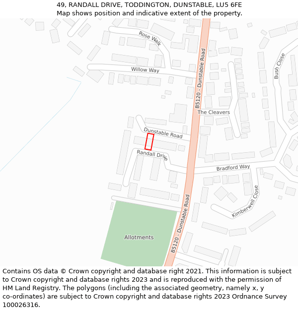 49, RANDALL DRIVE, TODDINGTON, DUNSTABLE, LU5 6FE: Location map and indicative extent of plot